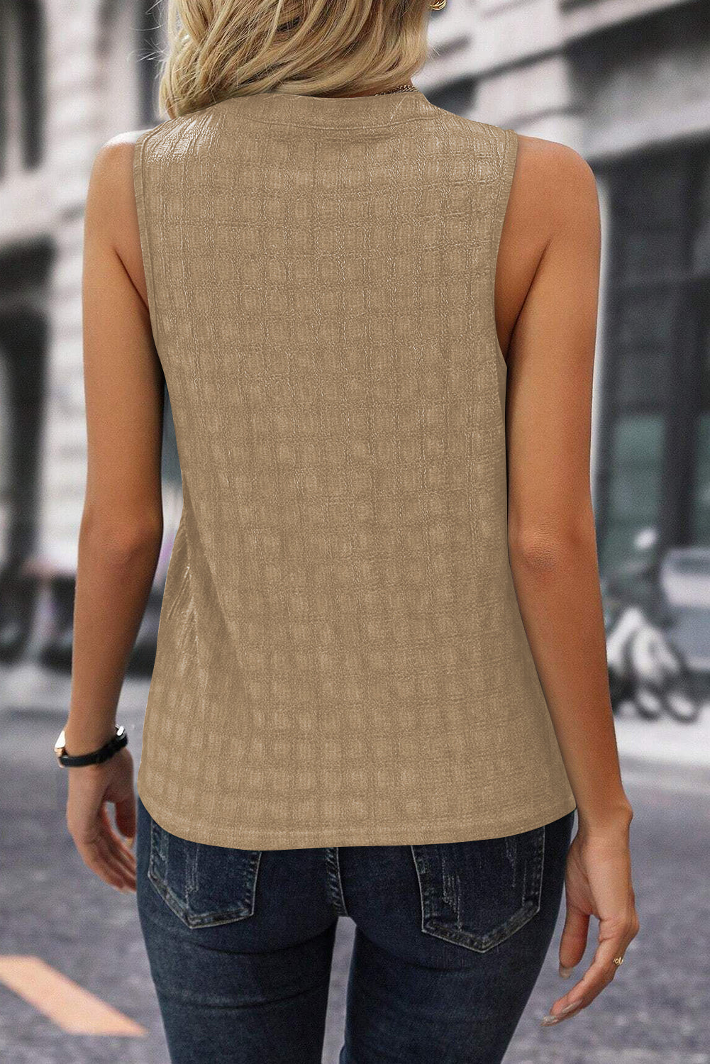 Sea Green Lattice Textured Split Neck Tank Top