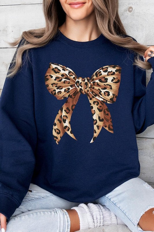 Leopard Print Bow Graphic Plus Fleece Sweatshirts