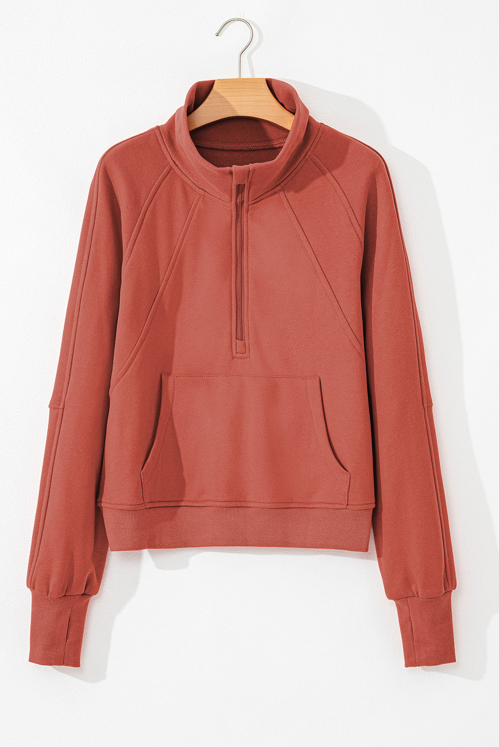 Brown Fleece Lined Zip Up Stand Collar Thumbhole Sleeve Sweatshirt