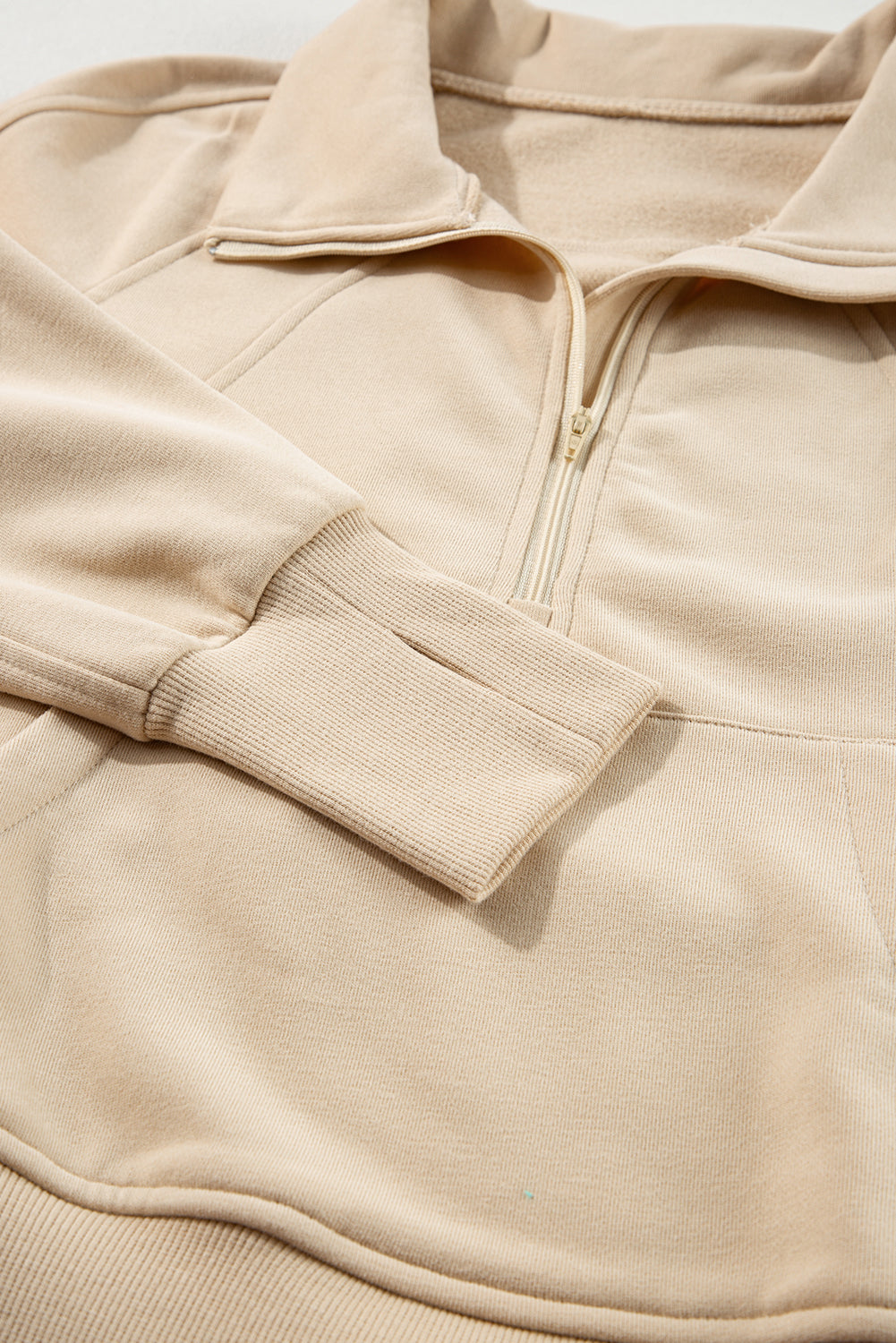 Brown Fleece Lined Zip Up Stand Collar Thumbhole Sleeve Sweatshirt