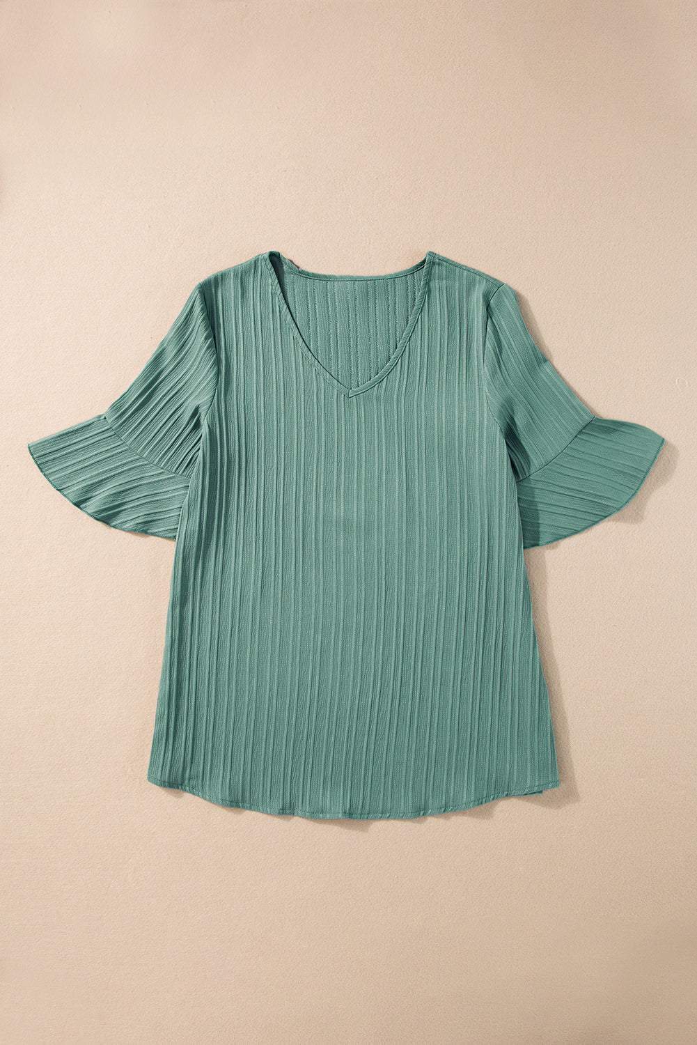 Peach Blossom Ruffled Half Sleeve V Neck Textured Top