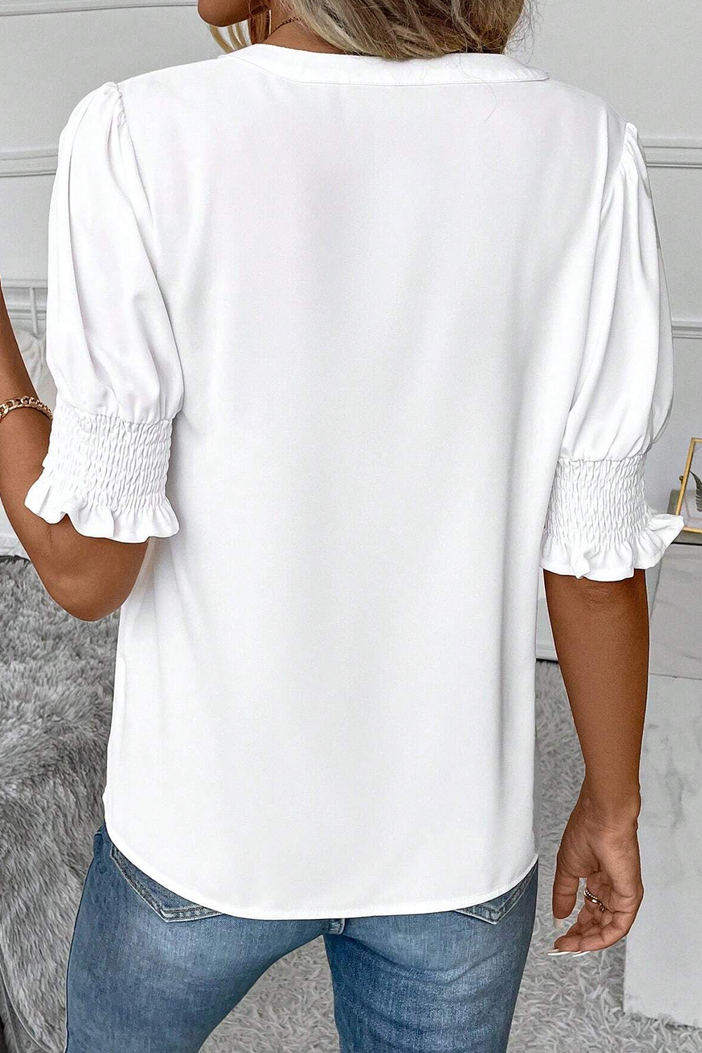 White V Neck Plain Smocked Cuffs Blouse