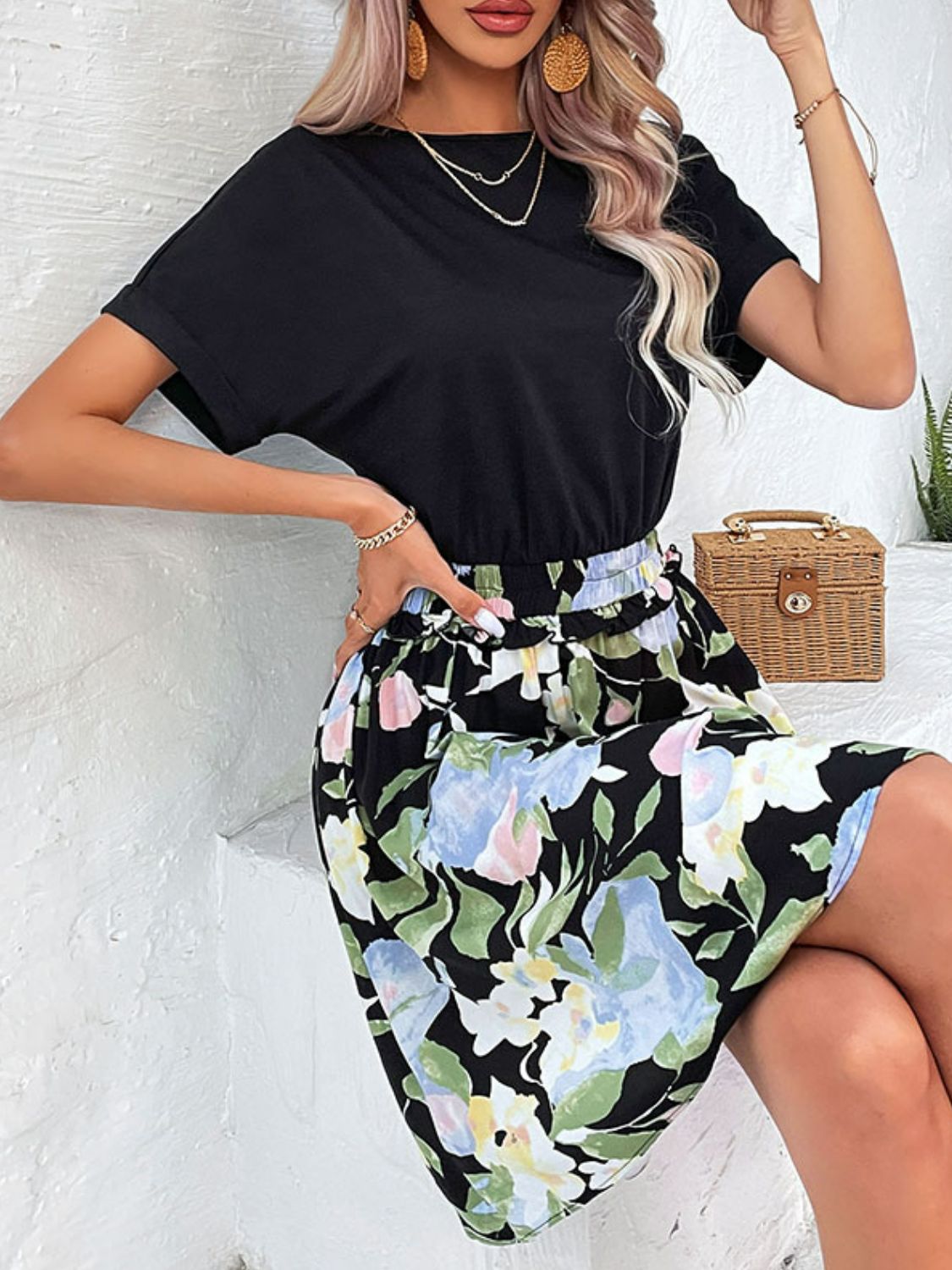 Perfee Two-Tone Round Neck Cuffed Sleeve Dress