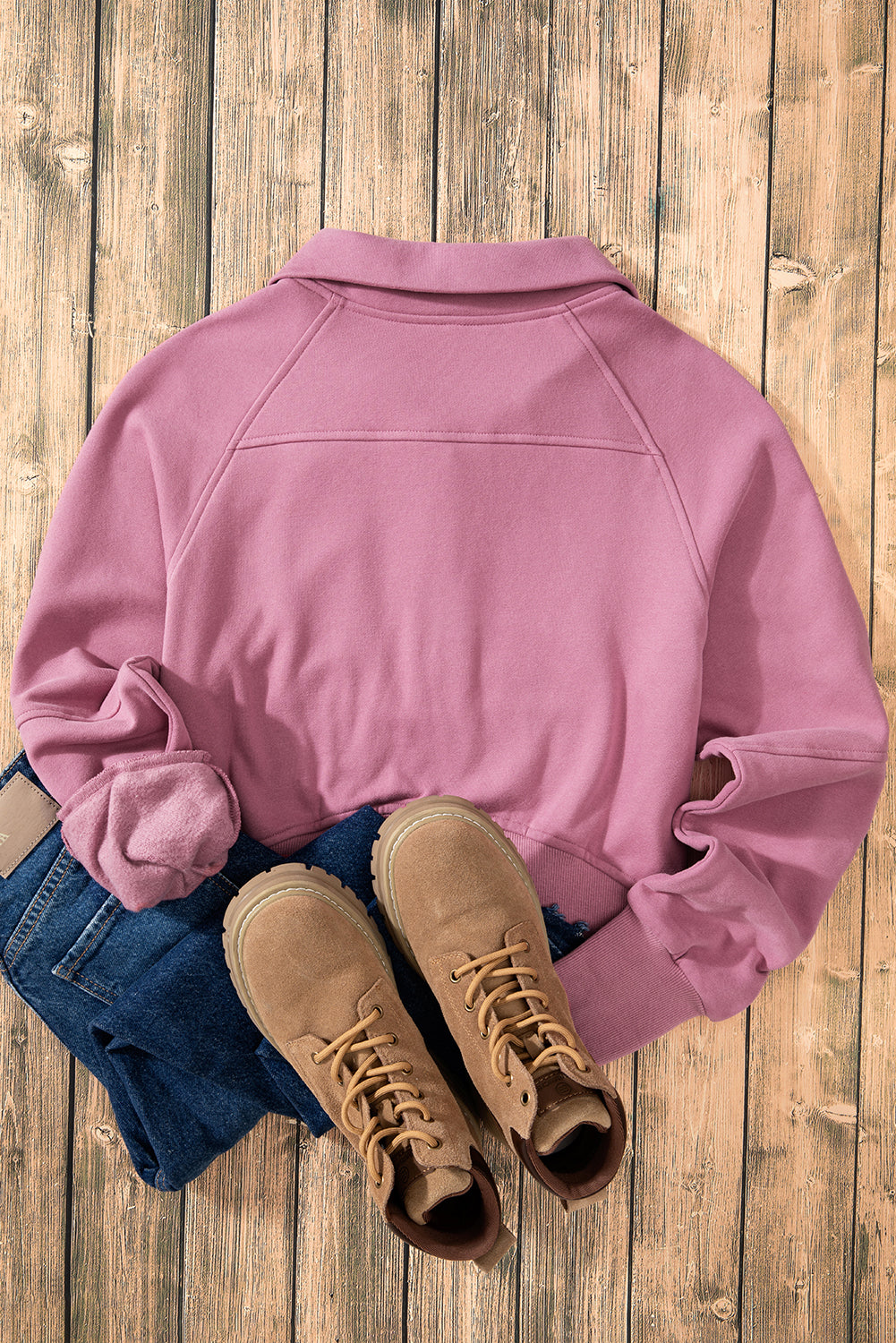 Brown Fleece Lined Zip Up Stand Collar Thumbhole Sleeve Sweatshirt