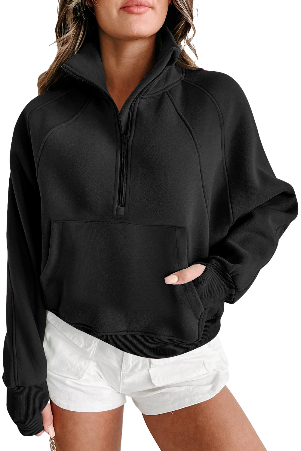 Bonbon Zip Up Stand Collar Ribbed Thumbhole Sleeve Sweatshirt