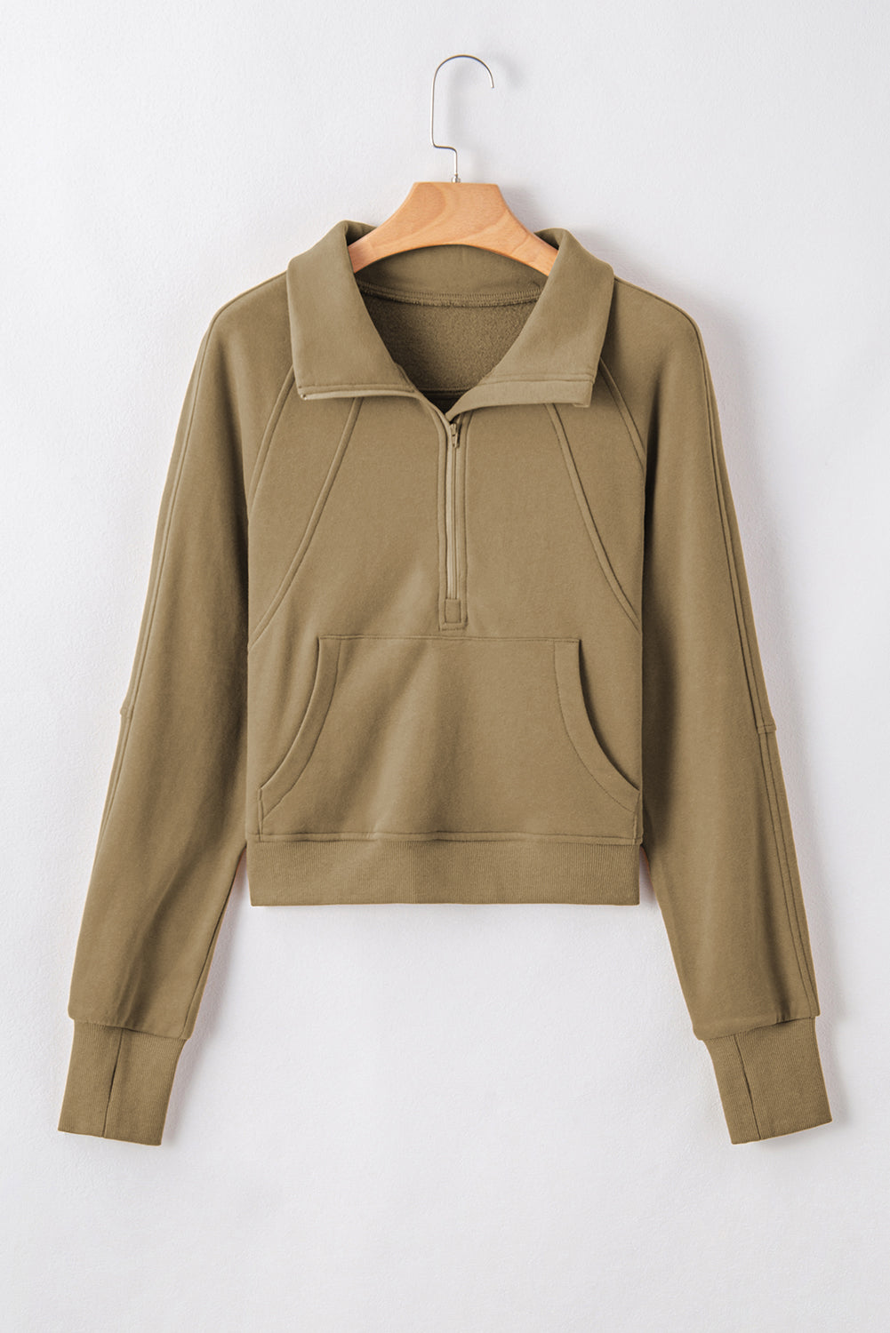 Brown Fleece Lined Zip Up Stand Collar Thumbhole Sleeve Sweatshirt