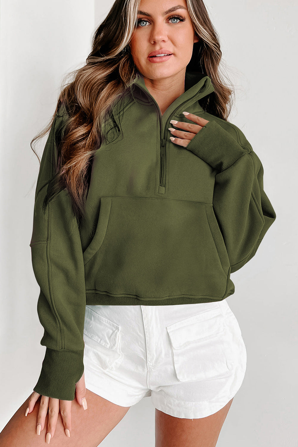 Bonbon Zip Up Stand Collar Ribbed Thumbhole Sleeve Sweatshirt