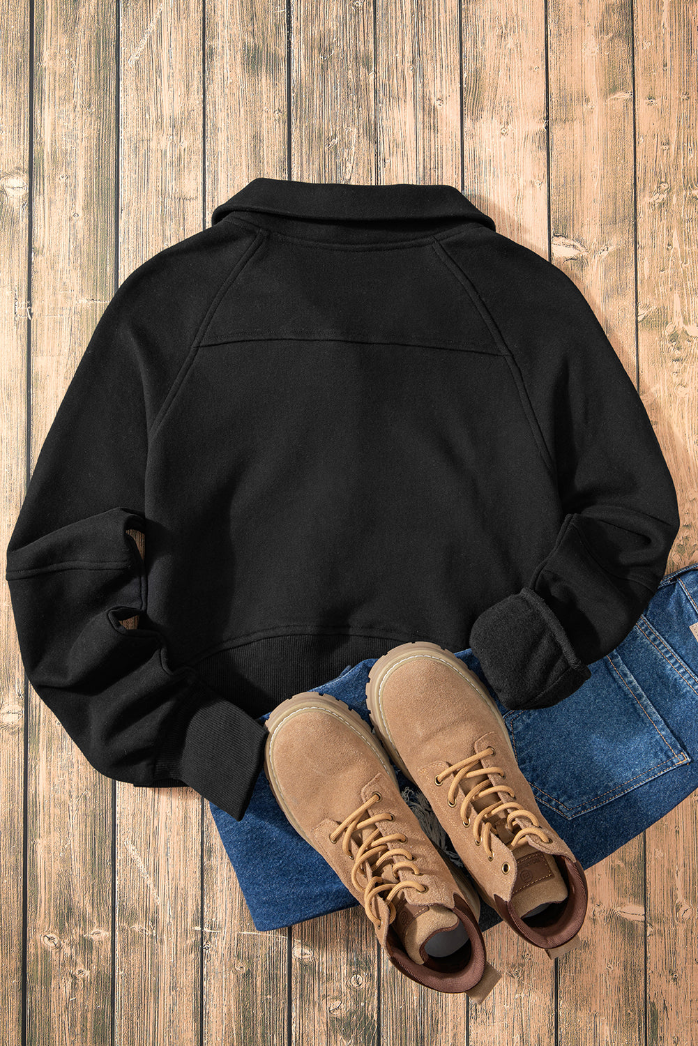 Brown Fleece Lined Zip Up Stand Collar Thumbhole Sleeve Sweatshirt