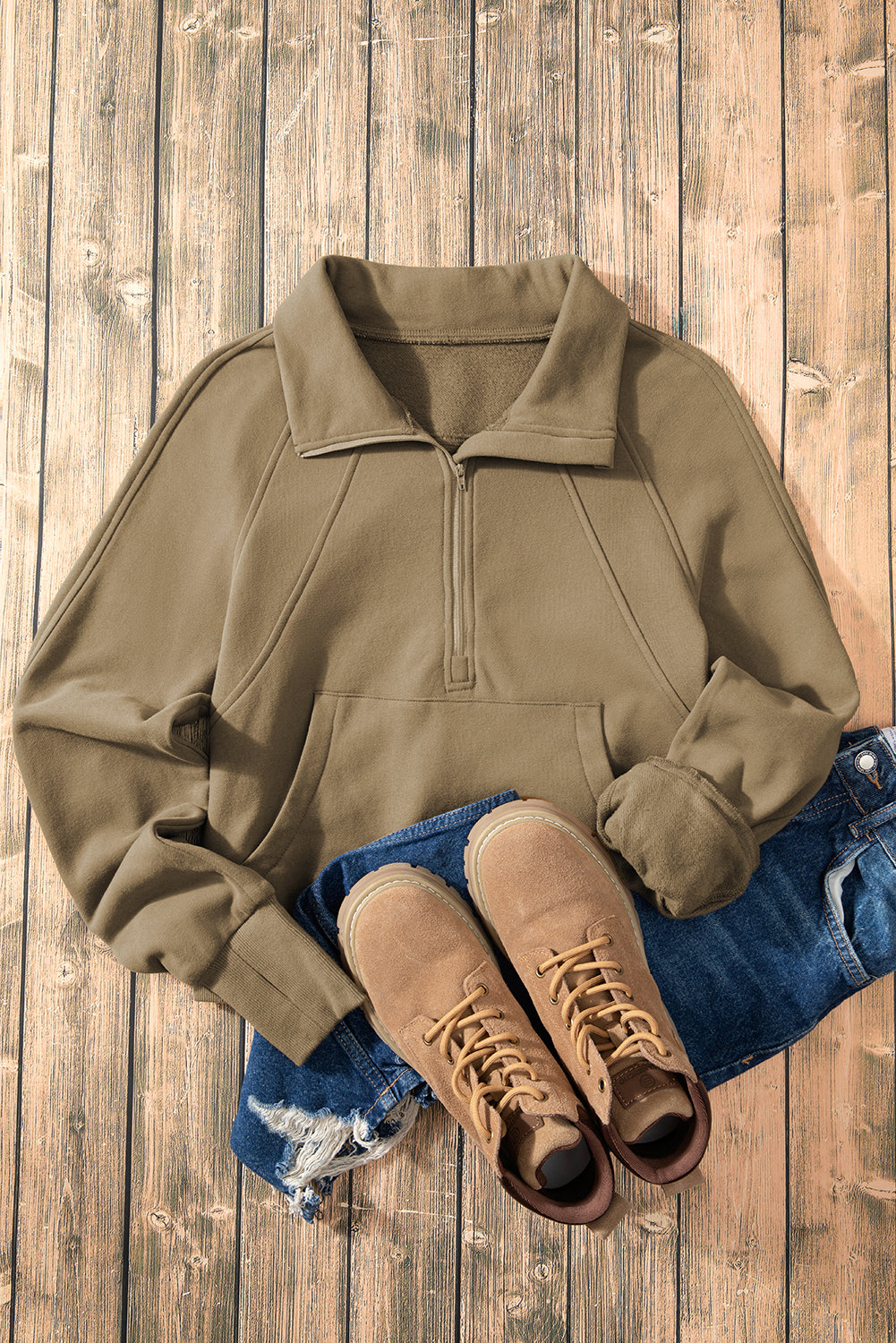 Brown Fleece Lined Zip Up Stand Collar Thumbhole Sleeve Sweatshirt
