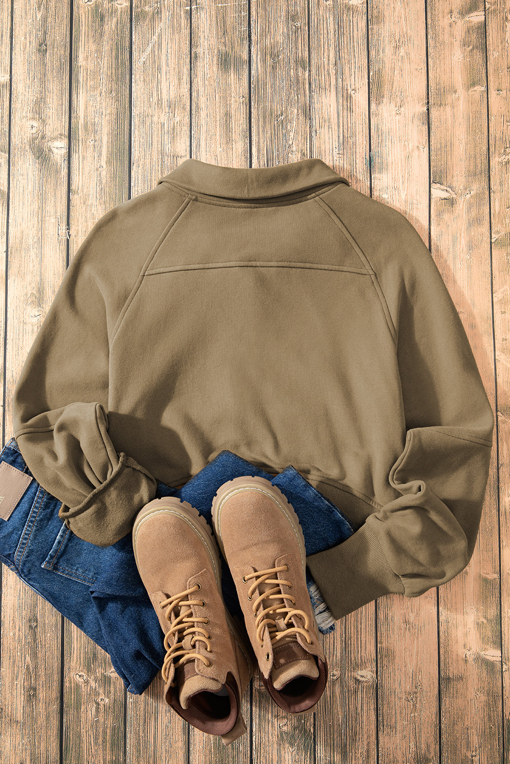 Brown Fleece Lined Zip Up Stand Collar Thumbhole Sleeve Sweatshirt