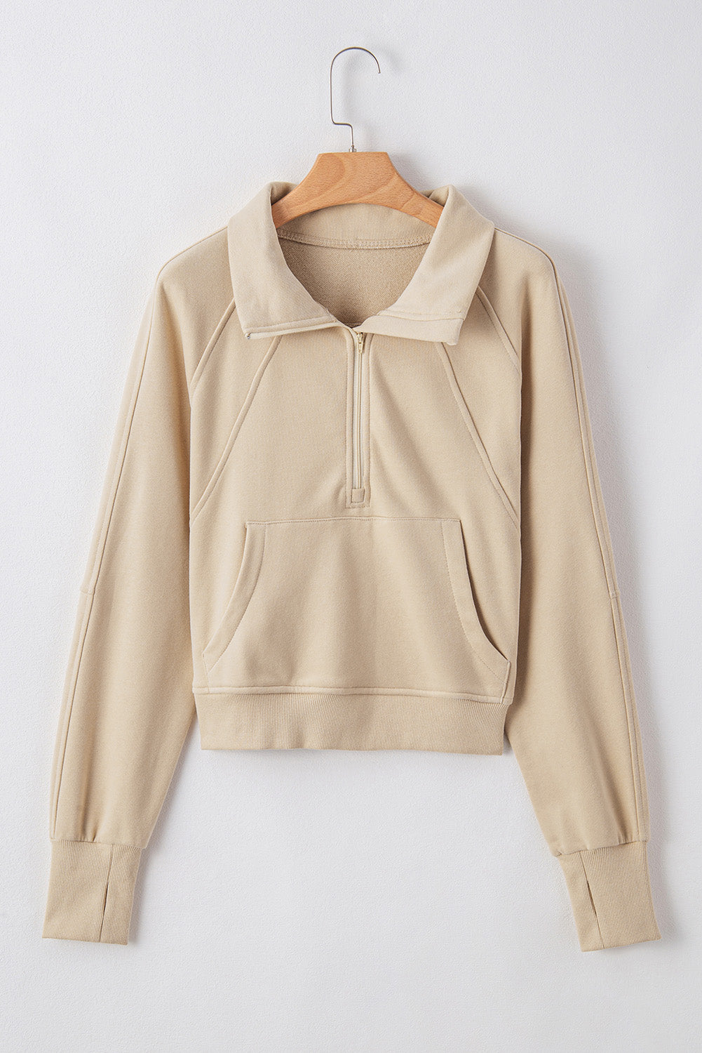 Brown Fleece Lined Zip Up Stand Collar Thumbhole Sleeve Sweatshirt