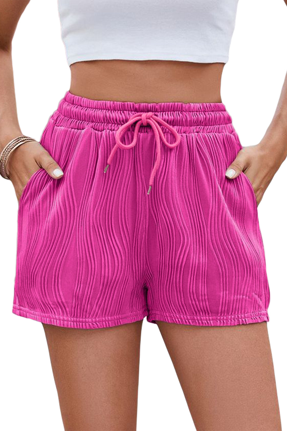Bright Pink Solid Color Textured Drawstring Shorts