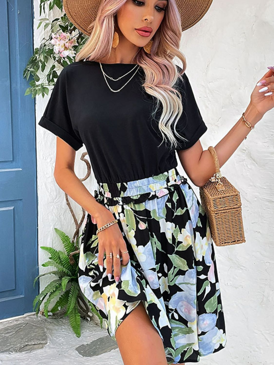 Perfee Two-Tone Round Neck Cuffed Sleeve Dress