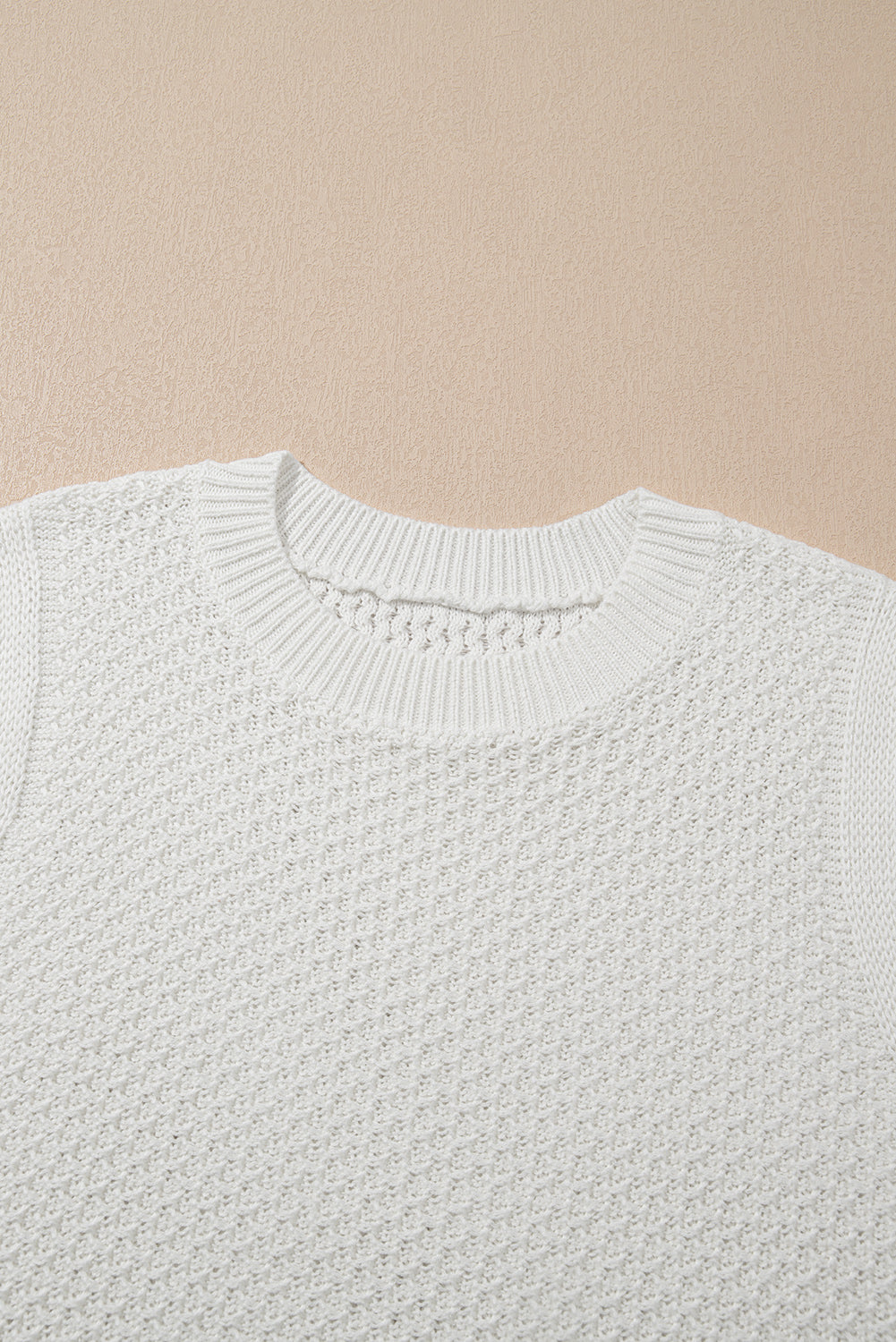 White Solid Color Eyelet Knit Crew Neck Vest
