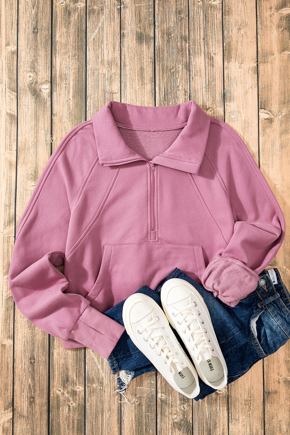 Brown Fleece Lined Zip Up Stand Collar Thumbhole Sleeve Sweatshirt