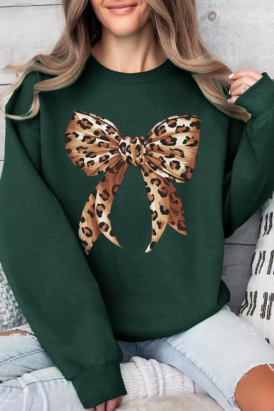 Leopard Print Bow Graphic Plus Fleece Sweatshirts