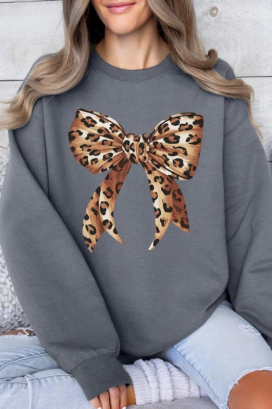 Leopard Print Bow Graphic Plus Fleece Sweatshirts