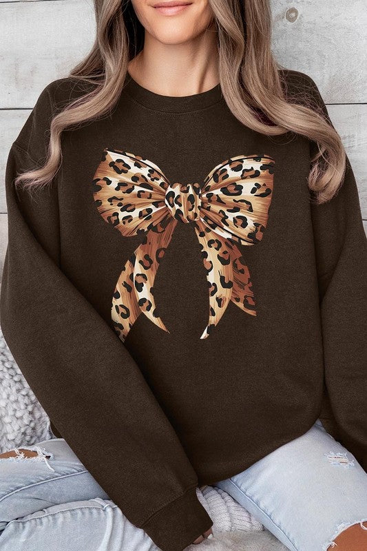 Leopard Print Bow Graphic Plus Fleece Sweatshirts
