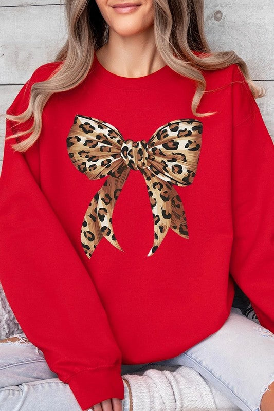 Leopard Print Bow Graphic Plus Fleece Sweatshirts