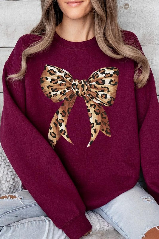 Leopard Print Bow Graphic Plus Fleece Sweatshirts