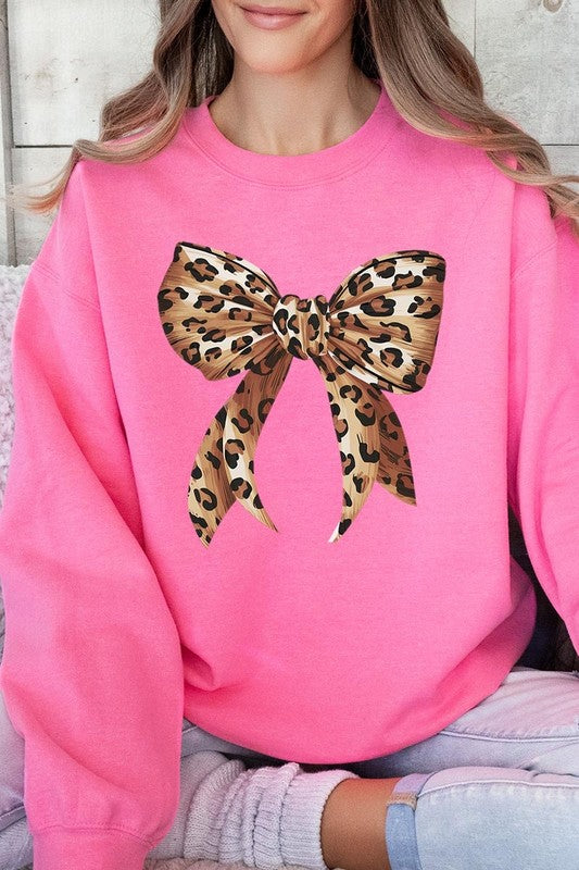 Leopard Print Bow Graphic Plus Fleece Sweatshirts