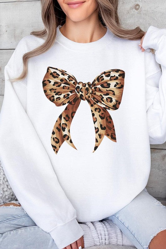Leopard Print Bow Graphic Plus Fleece Sweatshirts