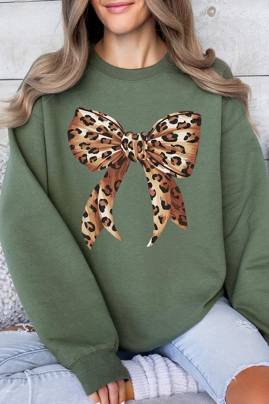 Leopard Print Bow Graphic Plus Fleece Sweatshirts