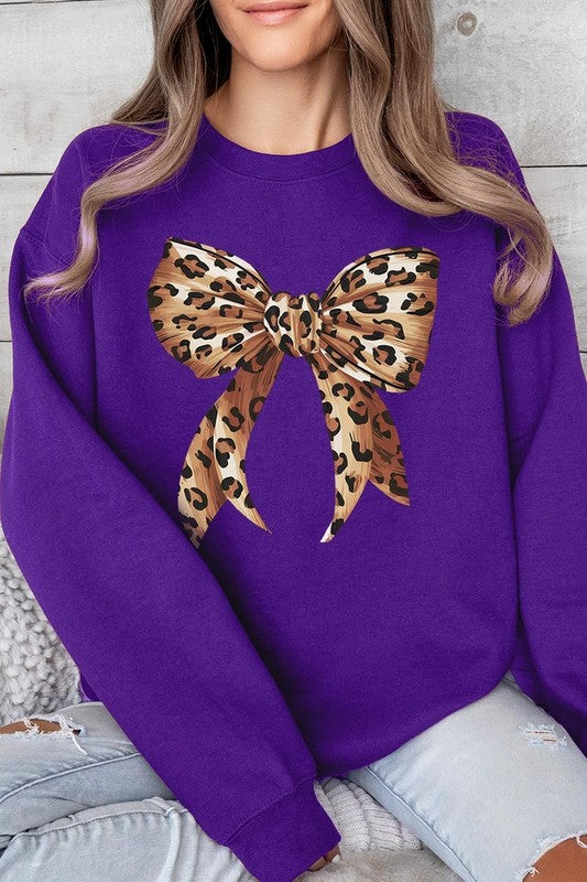 Leopard Print Bow Graphic Plus Fleece Sweatshirts