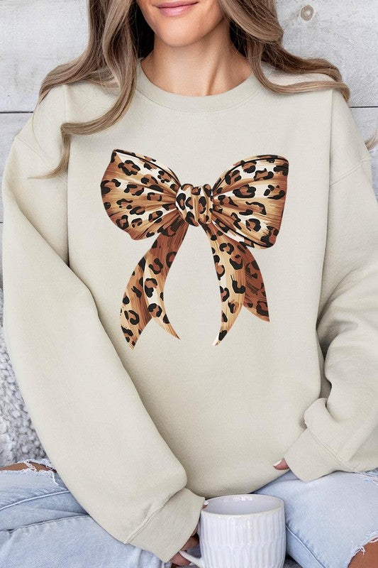 Leopard Print Bow Graphic Plus Fleece Sweatshirts