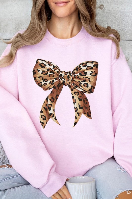 Leopard Print Bow Graphic Plus Fleece Sweatshirts