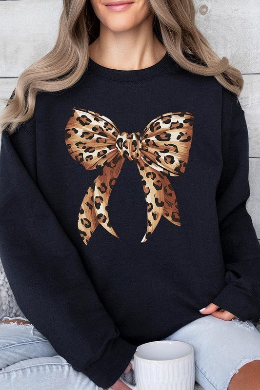 Leopard Print Bow Graphic Plus Fleece Sweatshirts