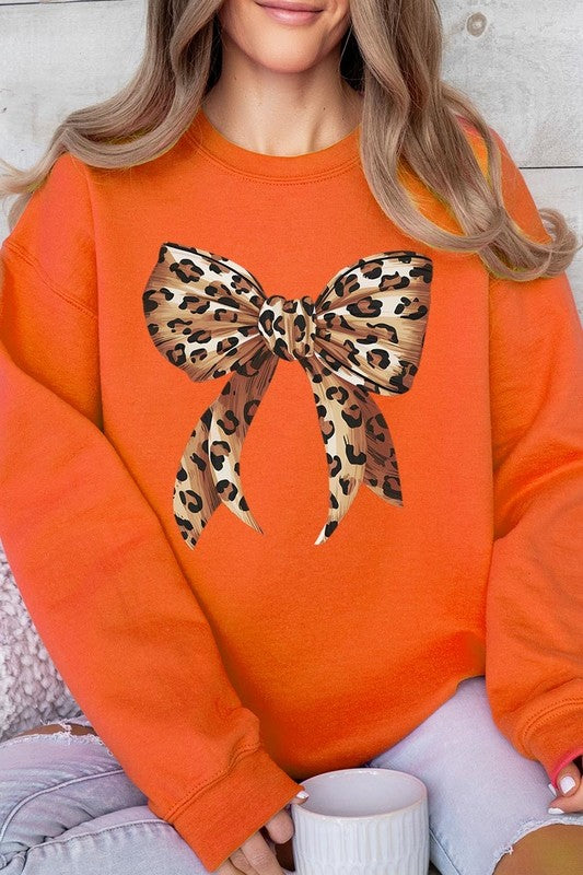 Leopard Print Bow Graphic Plus Fleece Sweatshirts