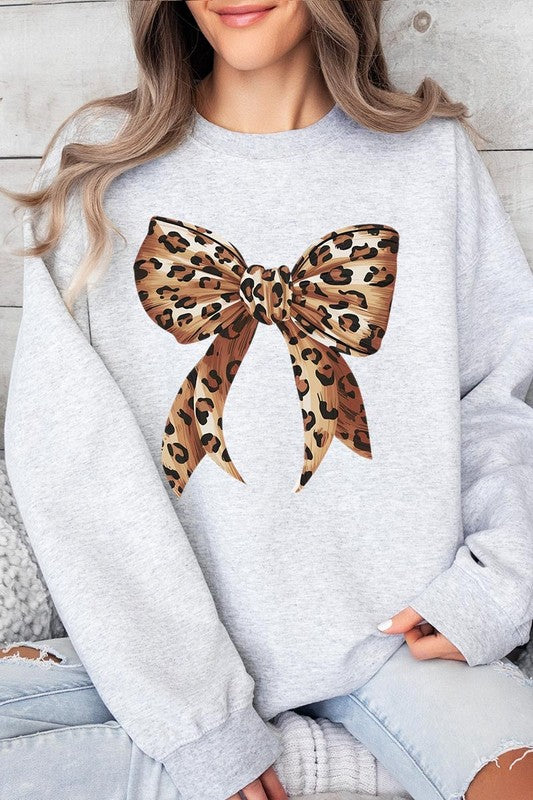 Leopard Print Bow Graphic Plus Fleece Sweatshirts