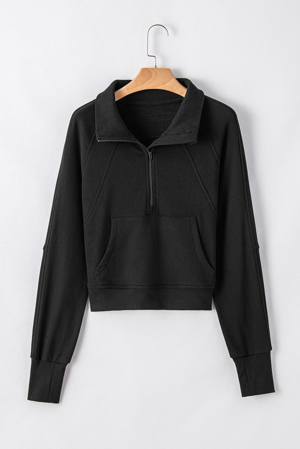 Brown Fleece Lined Zip Up Stand Collar Thumbhole Sleeve Sweatshirt