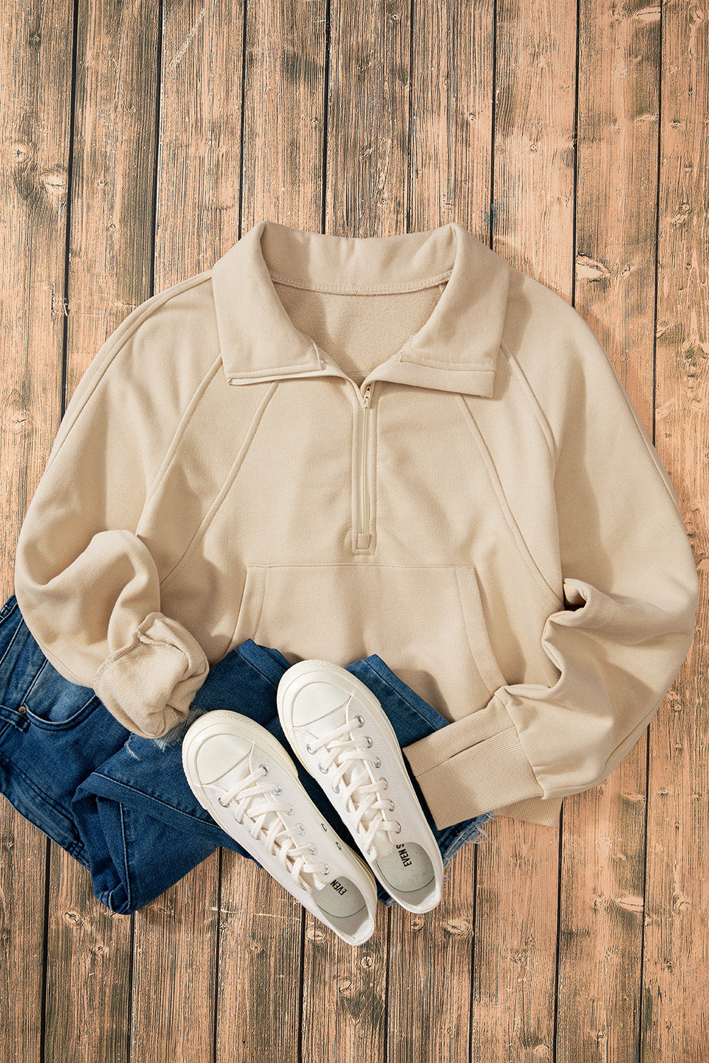 Brown Fleece Lined Zip Up Stand Collar Thumbhole Sleeve Sweatshirt