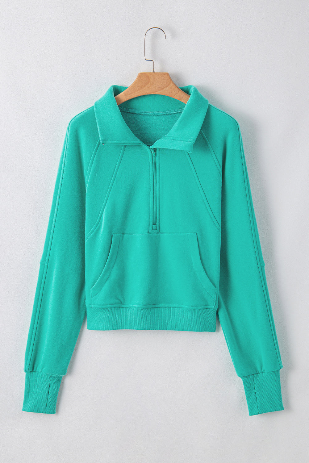 Brown Fleece Lined Zip Up Stand Collar Thumbhole Sleeve Sweatshirt