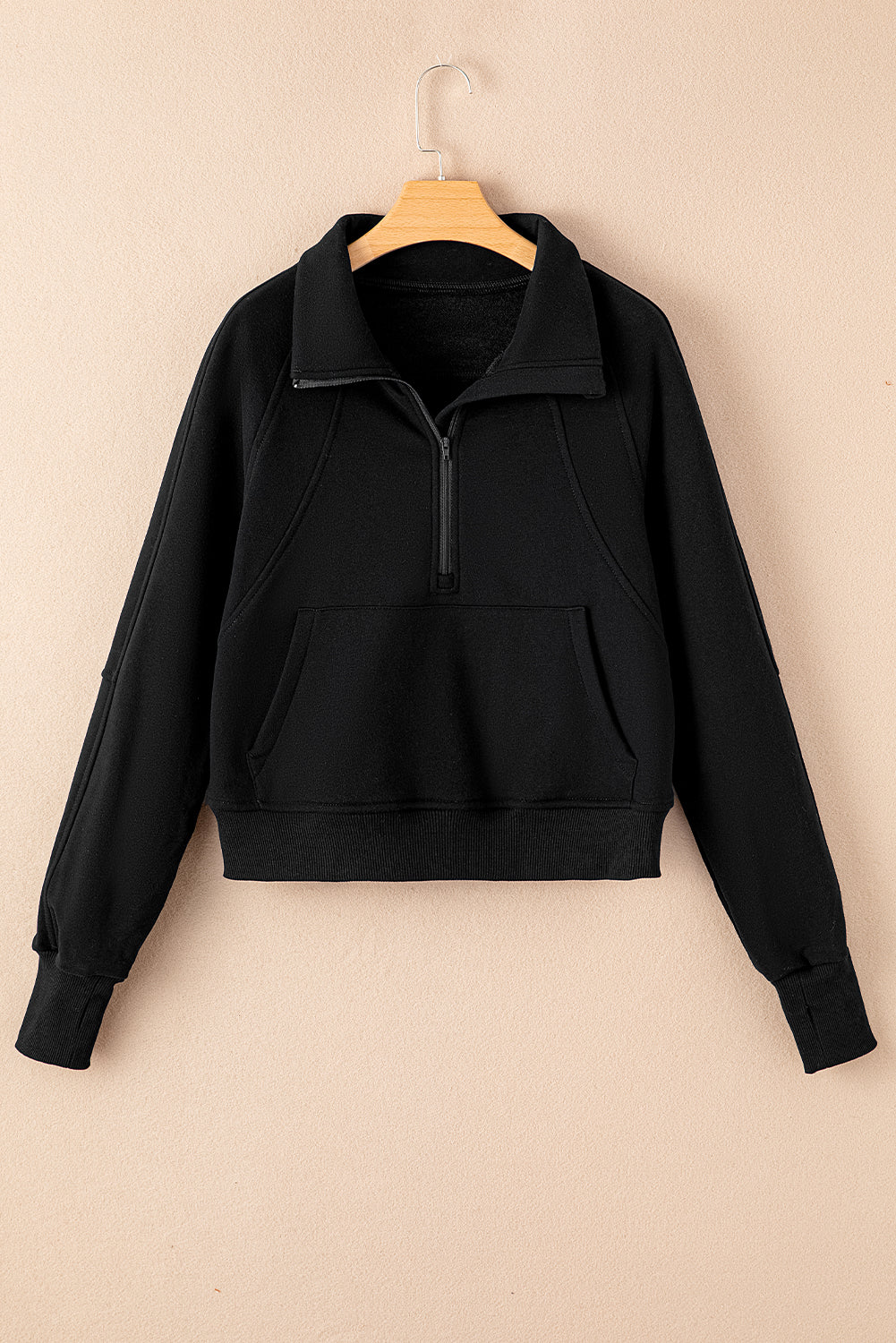 Bonbon Zip Up Stand Collar Ribbed Thumbhole Sleeve Sweatshirt