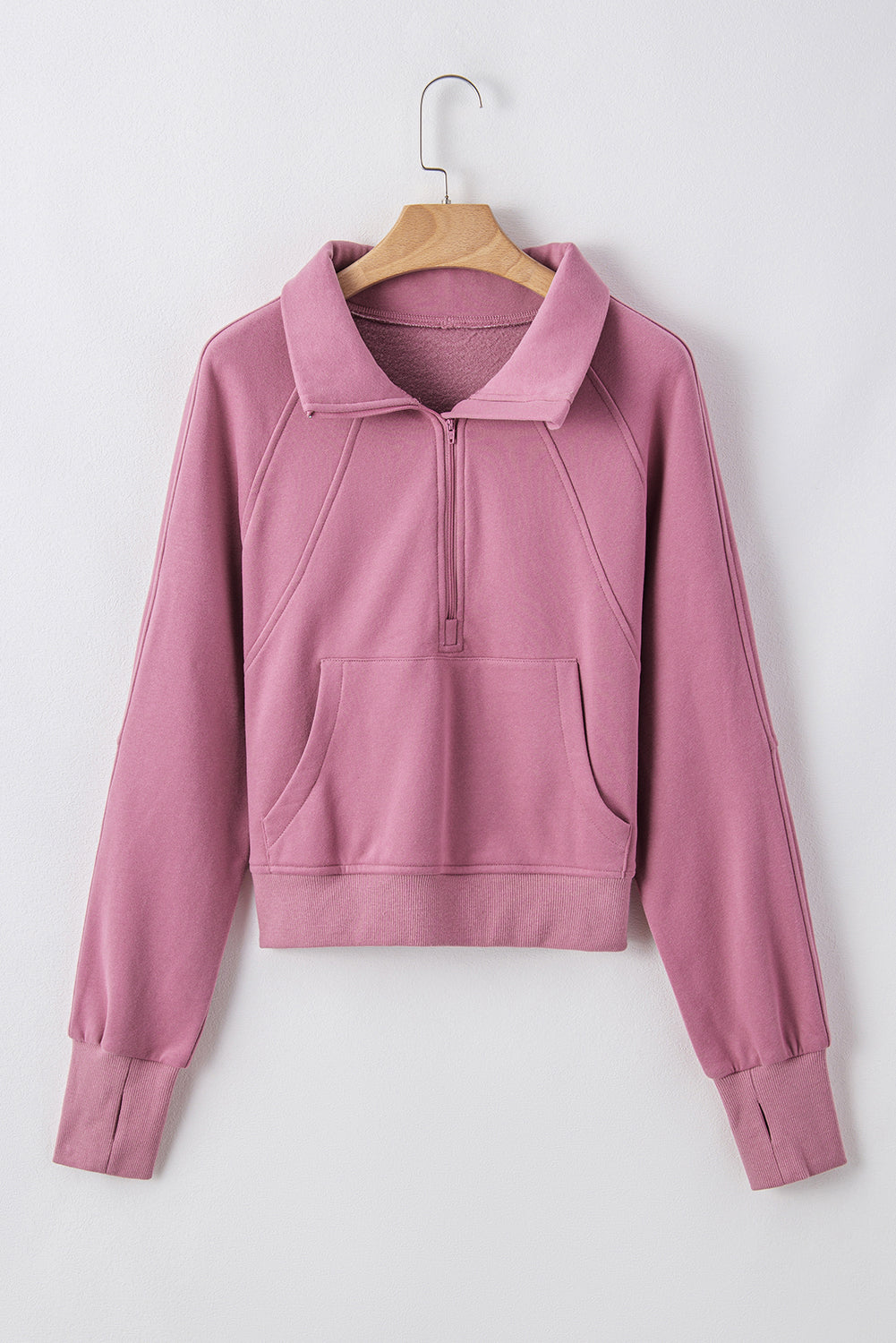 Brown Fleece Lined Zip Up Stand Collar Thumbhole Sleeve Sweatshirt