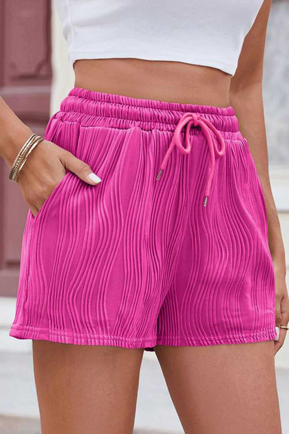 Bright Pink Solid Color Textured Drawstring Shorts